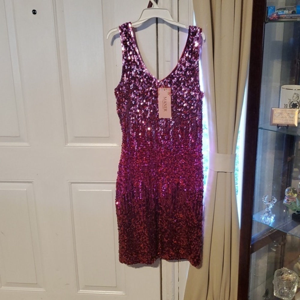 MANER Women's Sequin Dress Sparkly Glitter V-Neck Sleeveless Party Dress Size L
